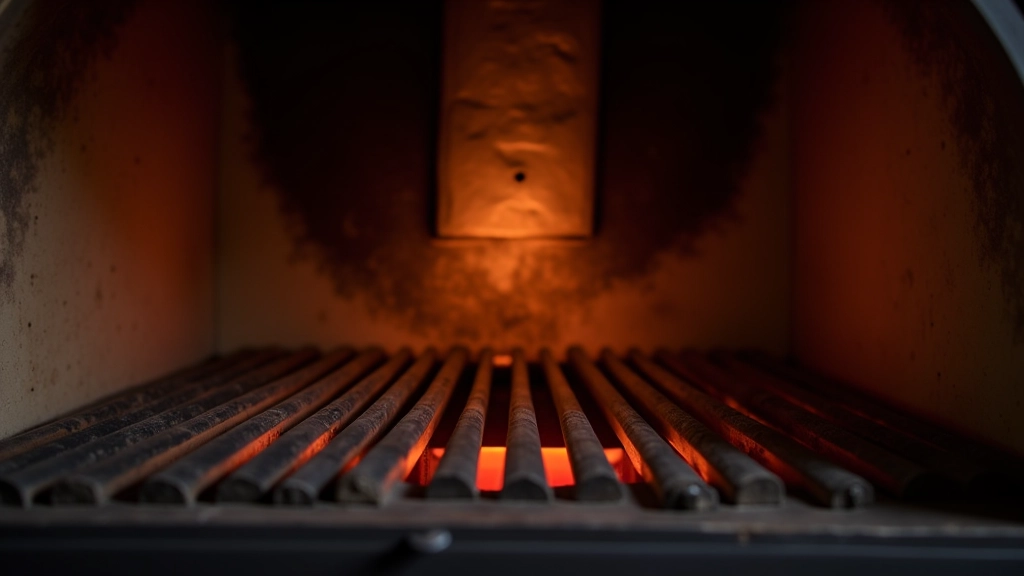 Traditional wood-burning stove interior with chimney pipe and metal grates